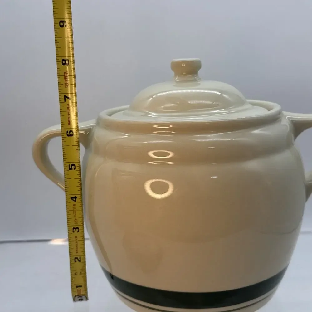 Roseville Ohio 3 Qt. Bean Pot Cookie Jar with Lid Green Stripes READ